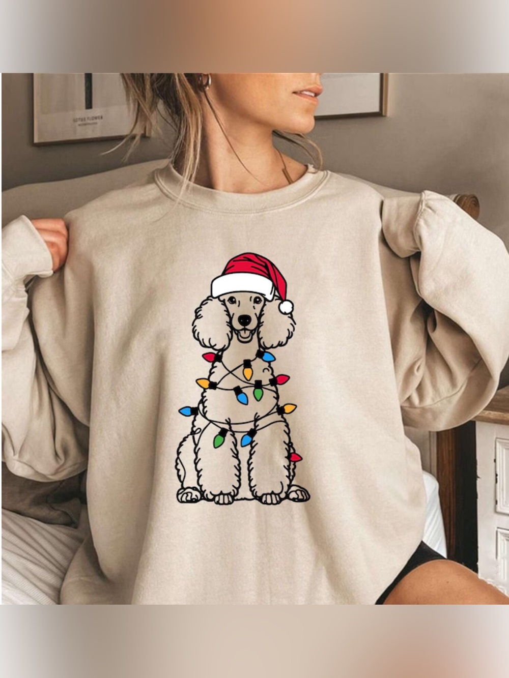 Gildan Sand Christmas Sweatshirt with Festive Poodle and Colorful Lights